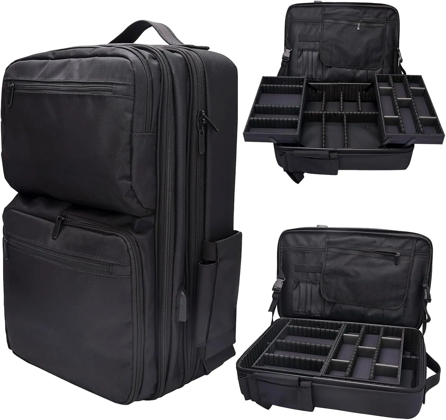 CGBARBER Large Makeup Backpack, Professional Barber Travel Backpack Sliding Trays with Adjustable Dividers Cosmetic Storage Organizer (Black)