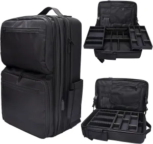 CGBARBER Large Makeup Backpack, Professional Barber Travel Backpack Sliding Trays with Adjustable Dividers Cosmetic Storage Organizer (Black)