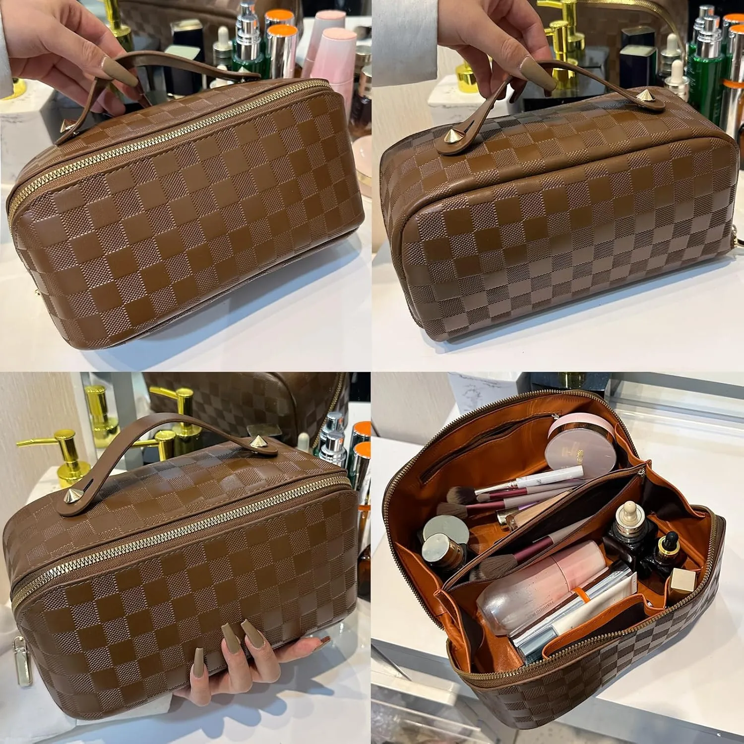 Checkered Makeup Bag Large Cosmetic Bag PU Leather Makeup Bag For Women Girls Travel Toiletry Bag With Handle Divider Large Opening Metal Zipper Cosmetic Bag (checkered brown)