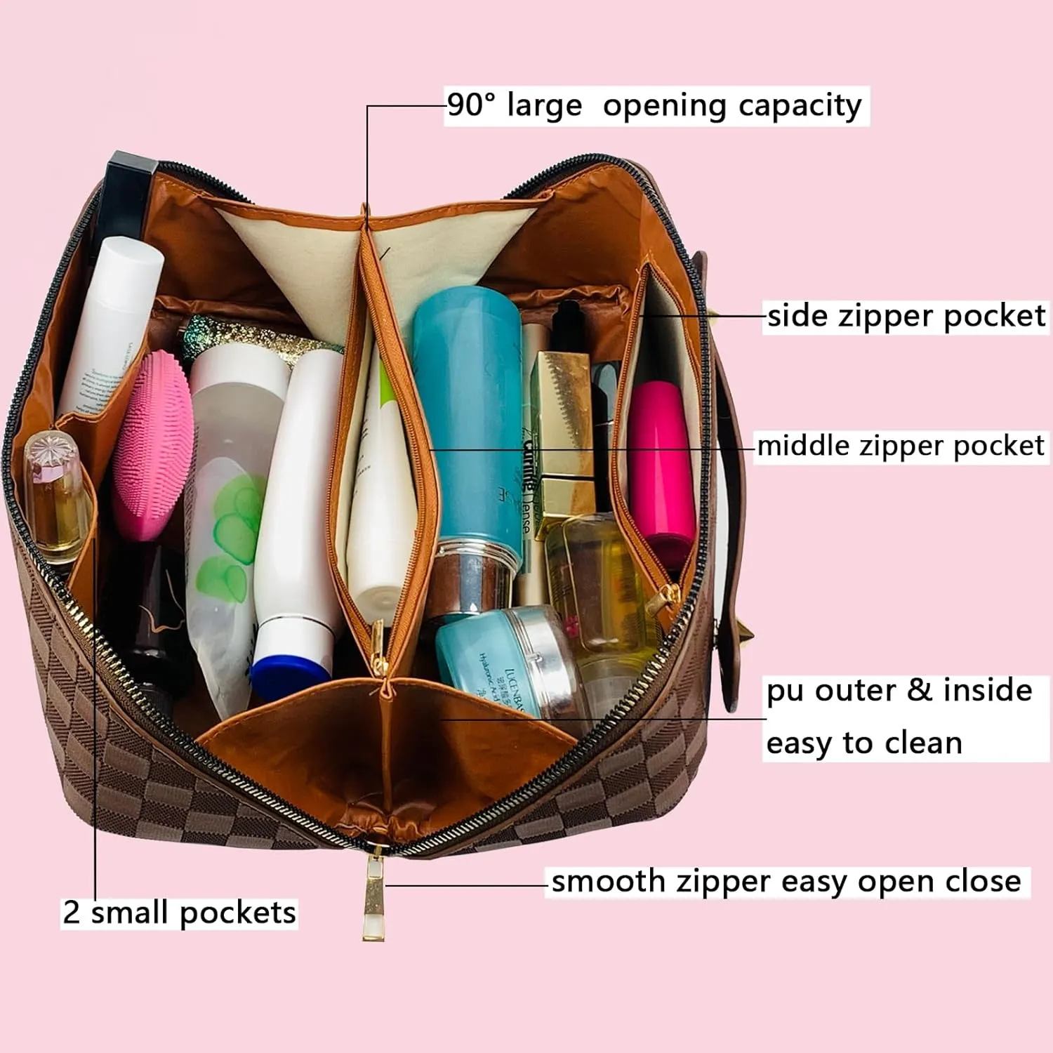 Checkered Makeup Bag Large Cosmetic Bag PU Leather Makeup Bag For Women Girls Travel Toiletry Bag With Handle Divider Large Opening Metal Zipper Cosmetic Bag (checkered brown)