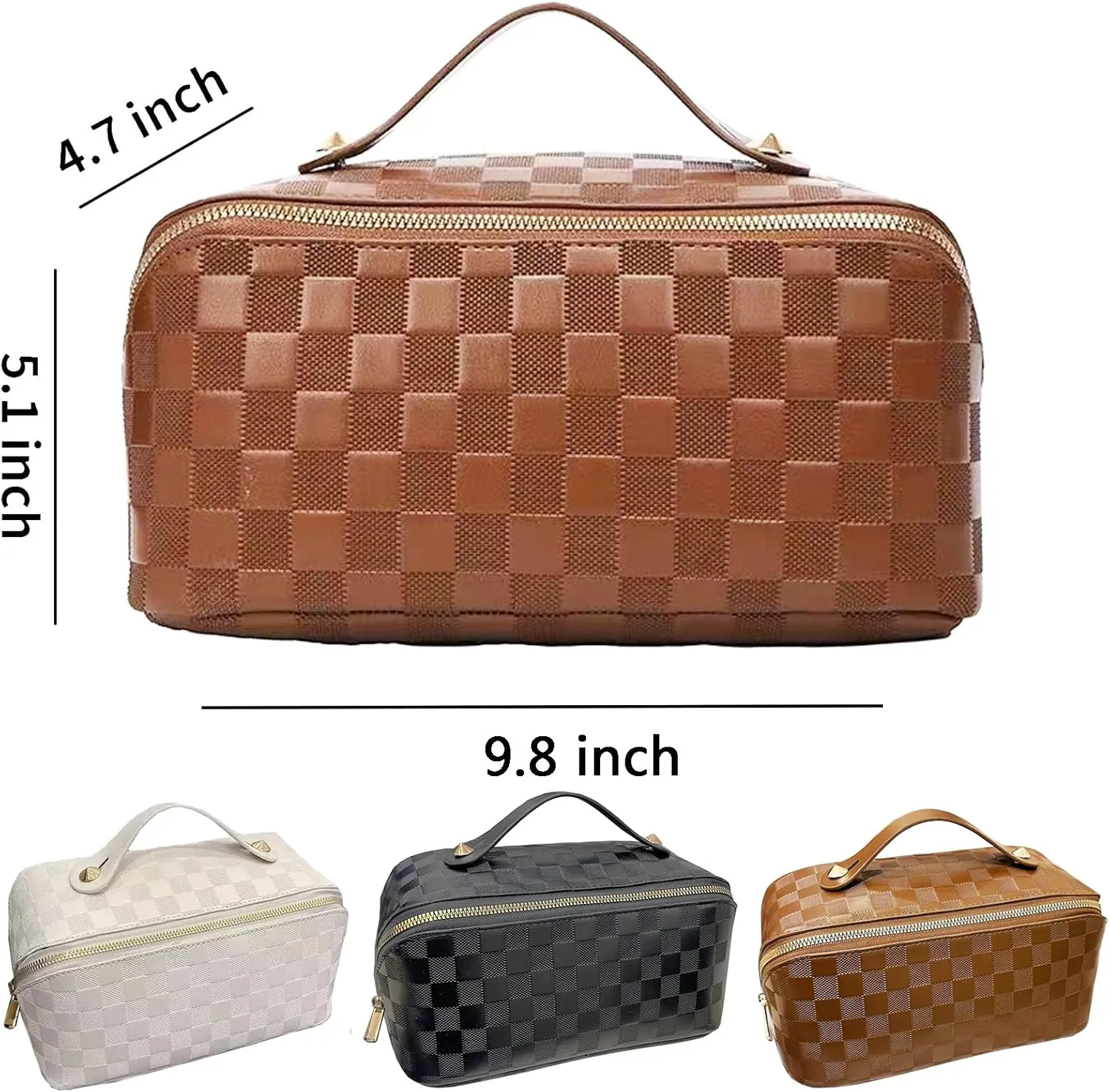Checkered Makeup Bag Large Cosmetic Bag PU Leather Makeup Bag For Women Girls Travel Toiletry Bag With Handle Divider Large Opening Metal Zipper Cosmetic Bag (checkered brown)