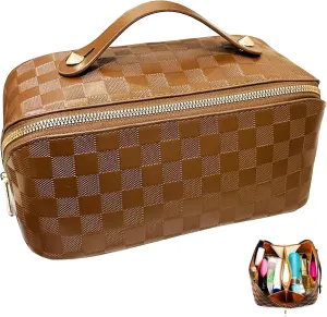 Checkered Makeup Bag Large Cosmetic Bag PU Leather Makeup Bag For Women Girls Travel Toiletry Bag With Handle Divider Large Opening Metal Zipper Cosmetic Bag (checkered brown)