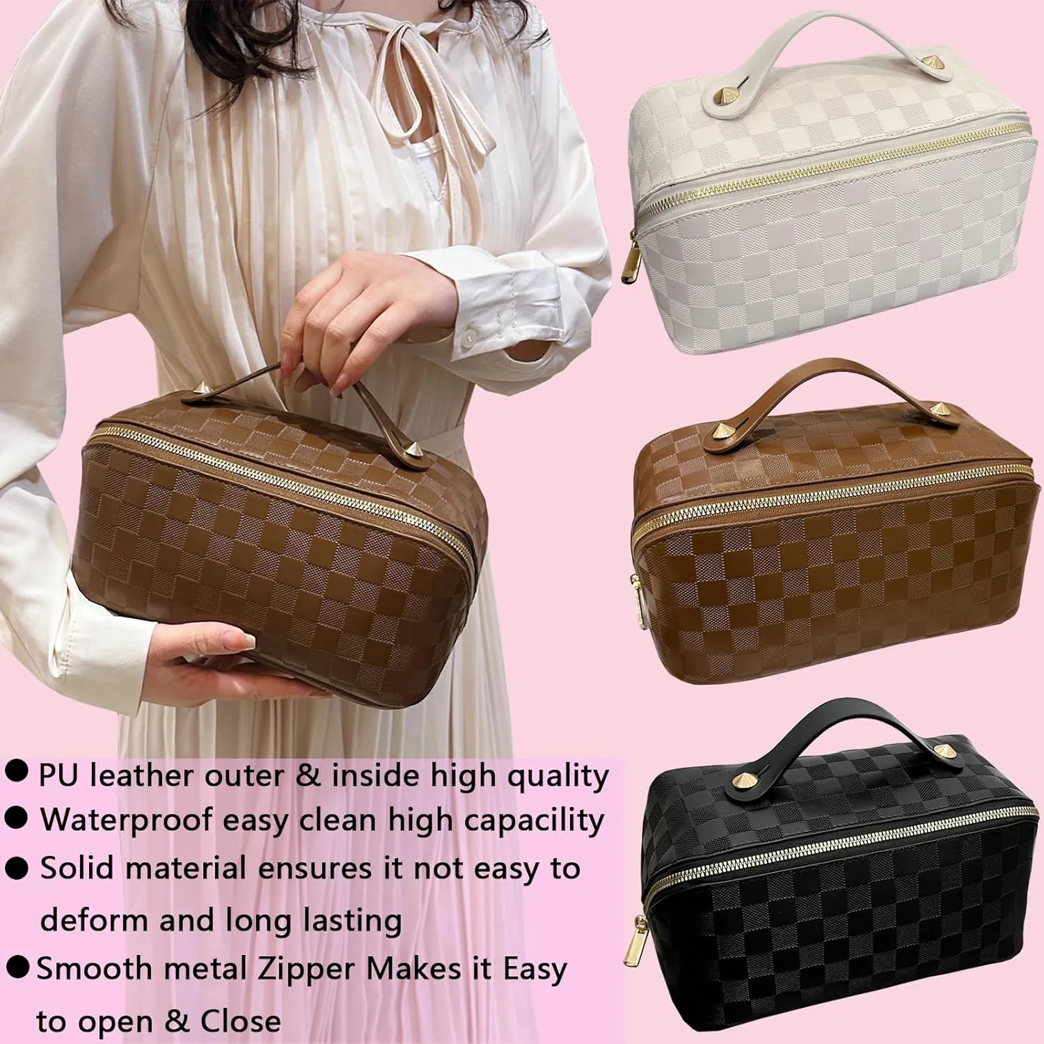 Checkered Makeup Bag Large Cosmetic Bag PU Leather Makeup Bag For Women Girls Travel Toiletry Bag With Handle Divider Large Opening Metal Zipper Cosmetic Bag (checkered brown)