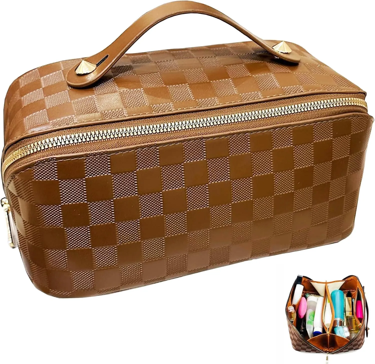 Checkered Makeup Bag Large Cosmetic Bag PU Leather Makeup Bag For Women Girls Travel Toiletry Bag With Handle Divider Large Opening Metal Zipper Cosmetic Bag (checkered brown)