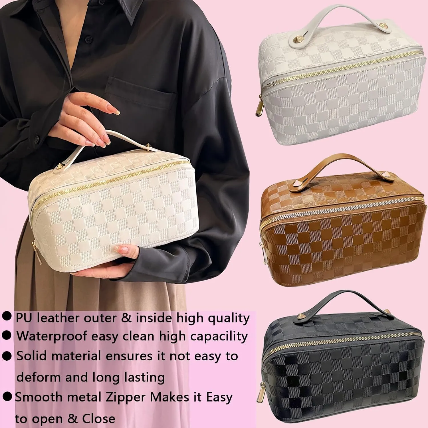 Checkered Makeup Bag Large Cosmetic Bag PU Leather Makeup Bag For Women Girls Travel Toiletry Bag With Handle Divider Large Opening Metal Zipper Cosmetic Bag (checkered white)