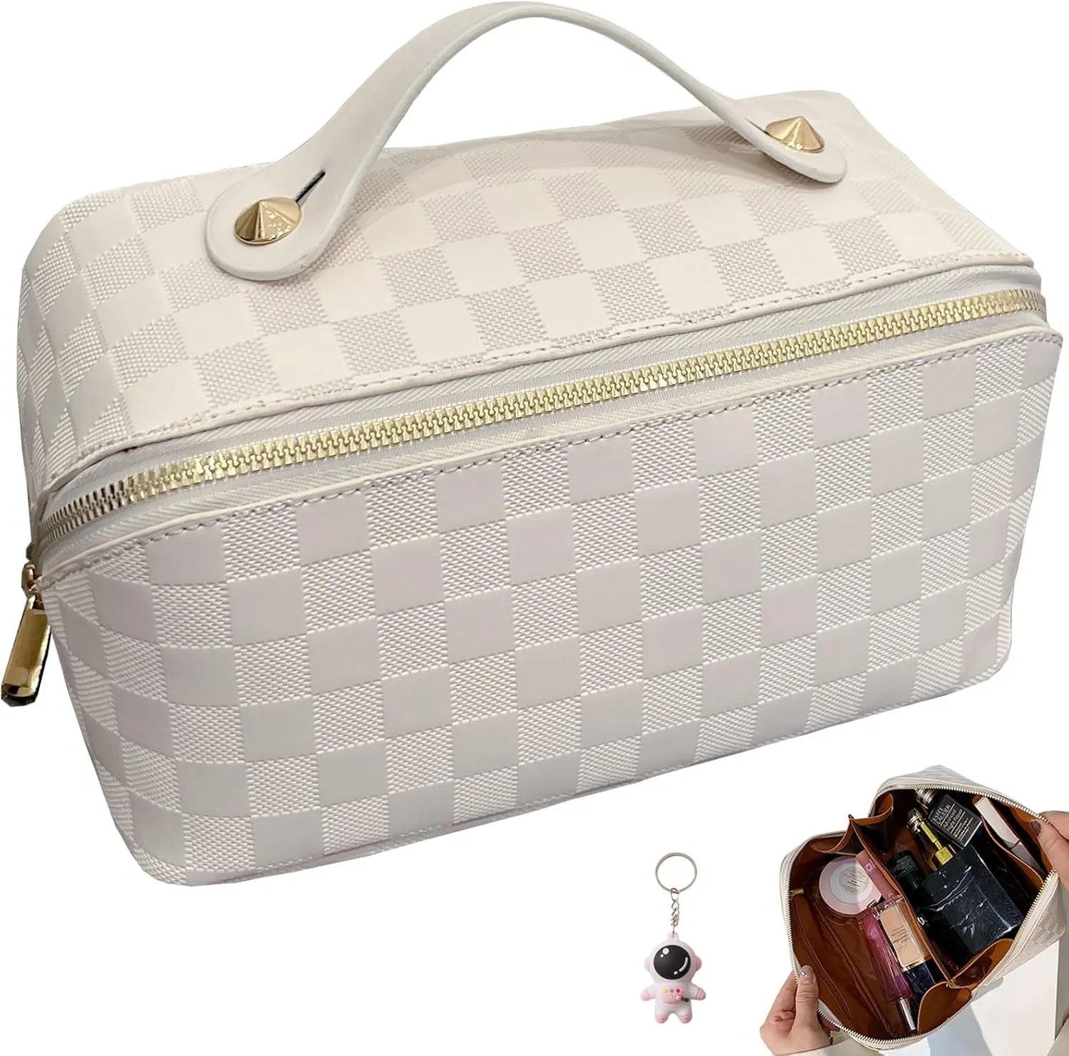 Checkered Makeup Bag Large Cosmetic Bag PU Leather Makeup Bag For Women Girls Travel Toiletry Bag With Handle Divider Large Opening Metal Zipper Cosmetic Bag (checkered white)