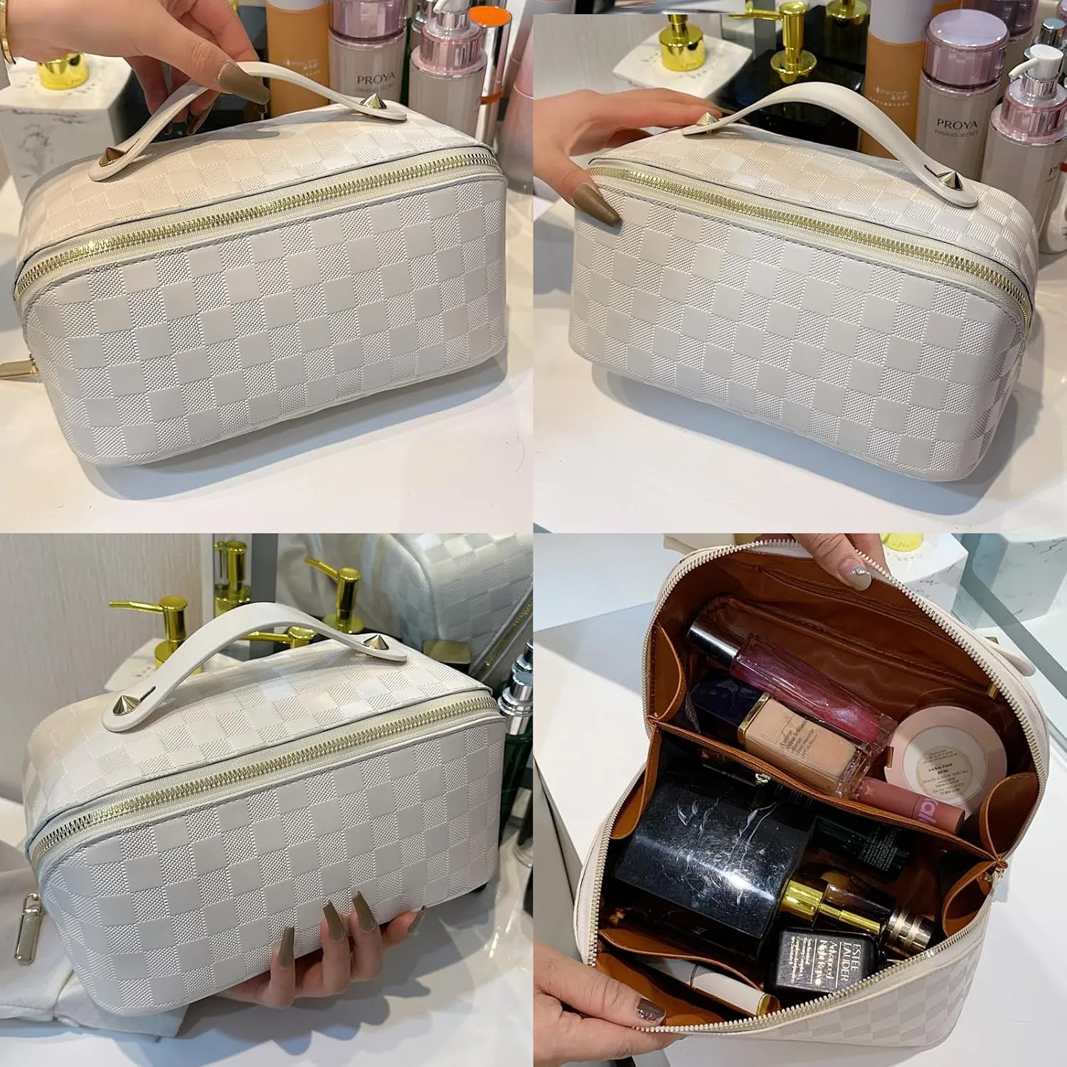 Checkered Makeup Bag Large Cosmetic Bag PU Leather Makeup Bag For Women Girls Travel Toiletry Bag With Handle Divider Large Opening Metal Zipper Cosmetic Bag (checkered white)