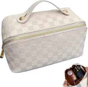 Checkered Makeup Bag Large Cosmetic Bag PU Leather Makeup Bag For Women Girls Travel Toiletry Bag With Handle Divider Large Opening Metal Zipper Cosmetic Bag (checkered white)