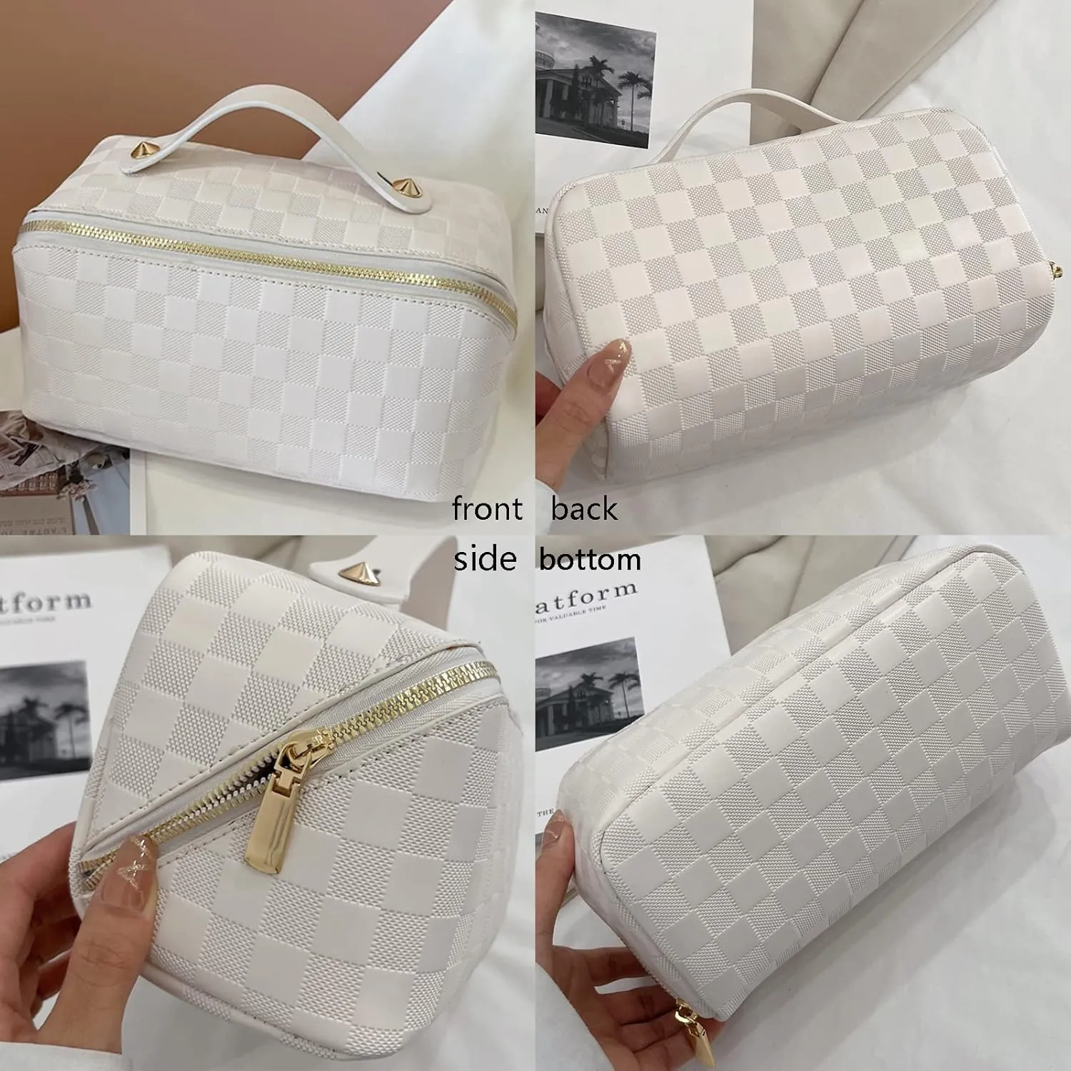 Checkered Makeup Bag Large Cosmetic Bag PU Leather Makeup Bag For Women Girls Travel Toiletry Bag With Handle Divider Large Opening Metal Zipper Cosmetic Bag (checkered white)