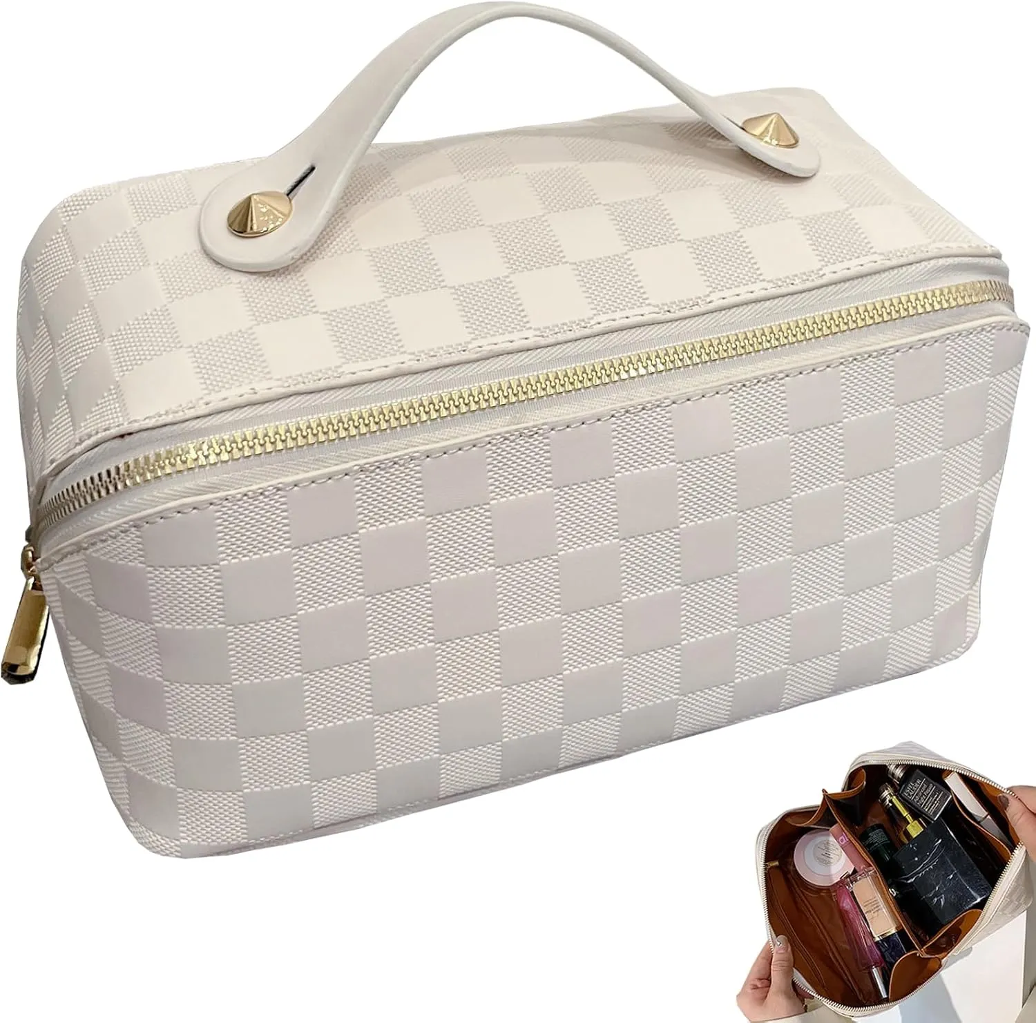 Checkered Makeup Bag Large Cosmetic Bag PU Leather Makeup Bag For Women Girls Travel Toiletry Bag With Handle Divider Large Opening Metal Zipper Cosmetic Bag (checkered white)