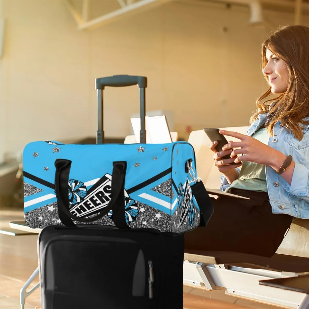Cheer Themed Travel Duffle Bag, Sports Gym Bags for Women Men, Carry On Weekender Overnight Workout Airplane Trips Bag