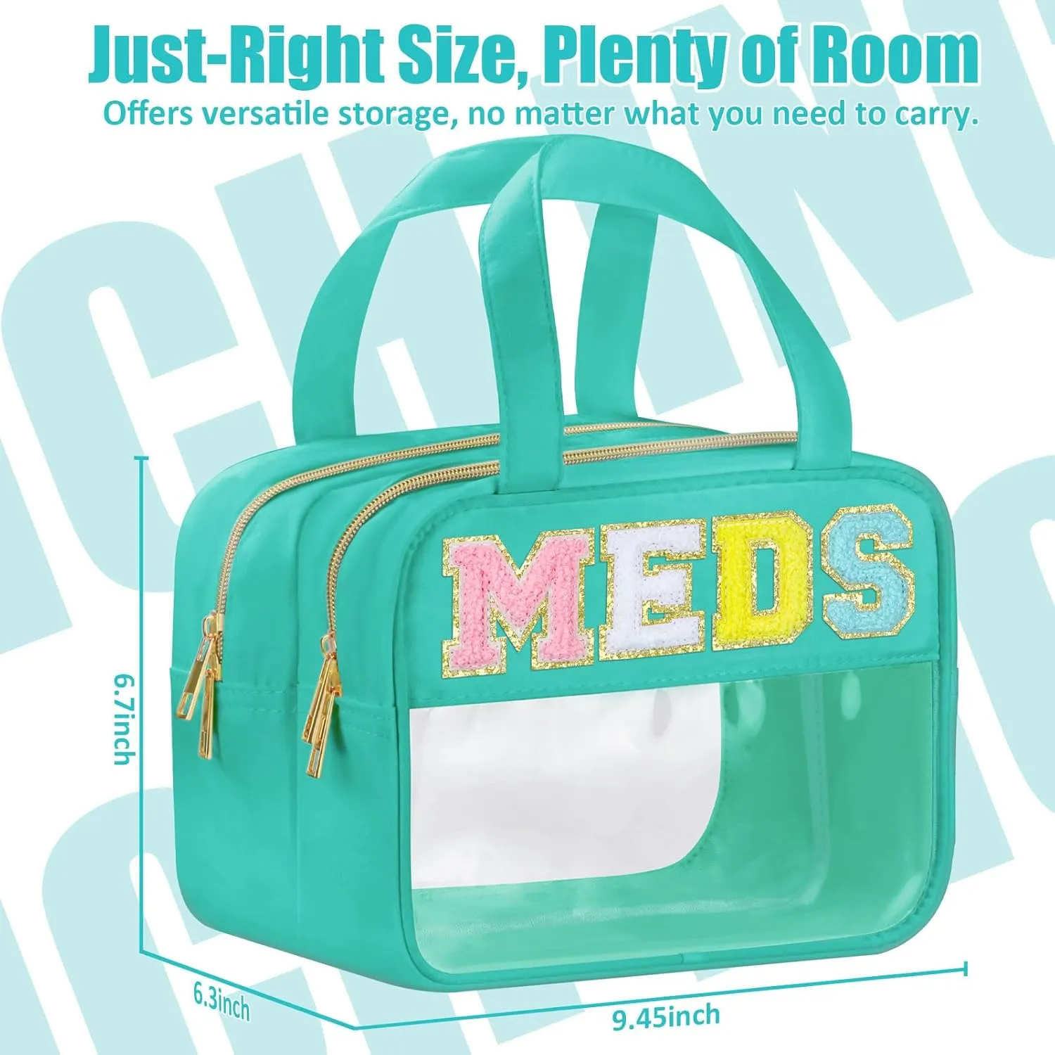Chenille Letter Medicine Bags, Makeup Bag for Travel, Preppy Patch Nylon Cosmetic Meds Bag With Handles and Zipper, Waterproof Large Clear Travel Toiletry Storage Bag for Women Green