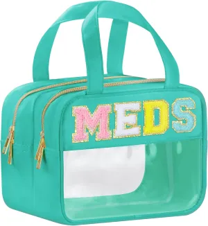 Chenille Letter Medicine Bags, Makeup Bag for Travel, Preppy Patch Nylon Cosmetic Meds Bag With Handles and Zipper, Waterproof Large Clear Travel Toiletry Storage Bag for Women Green
