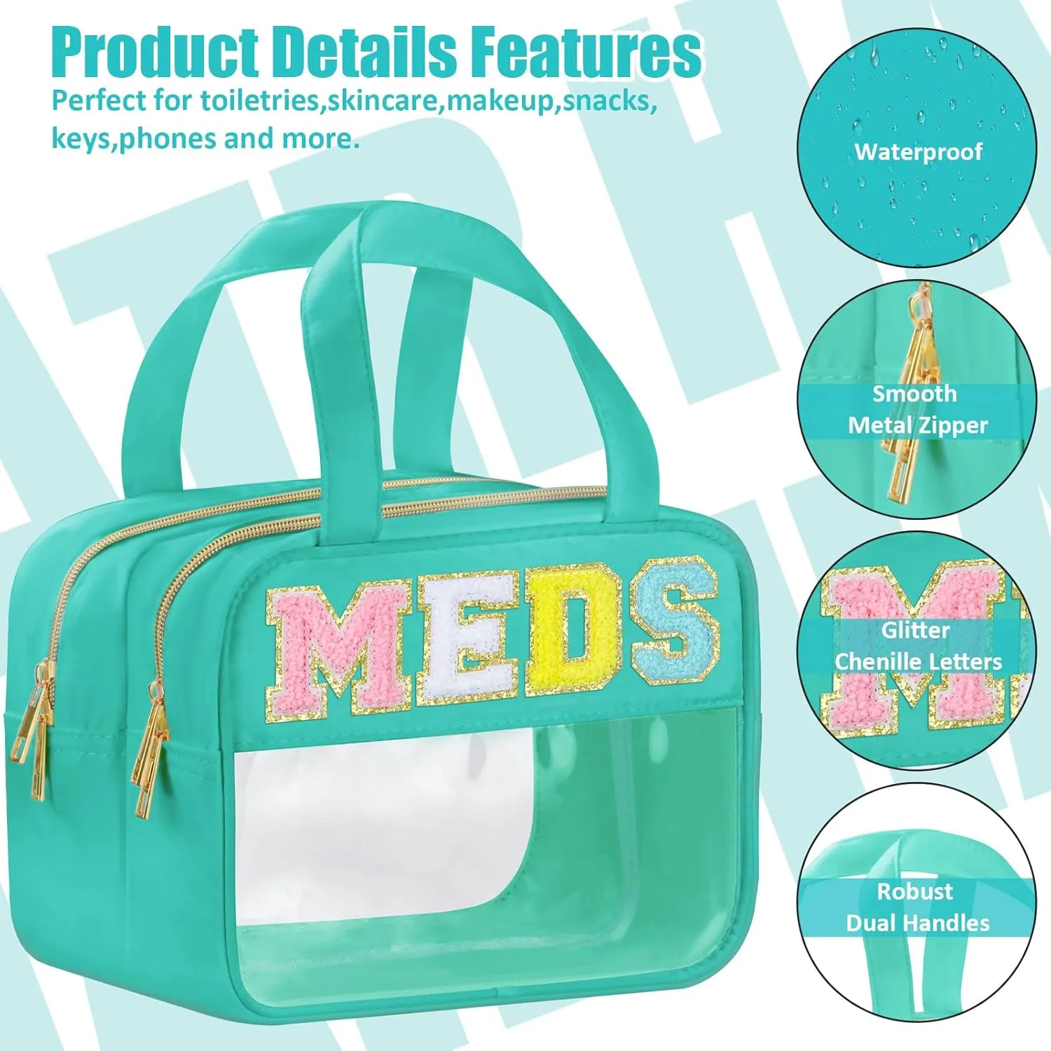 Chenille Letter Medicine Bags, Makeup Bag for Travel, Preppy Patch Nylon Cosmetic Meds Bag With Handles and Zipper, Waterproof Large Clear Travel Toiletry Storage Bag for Women Green