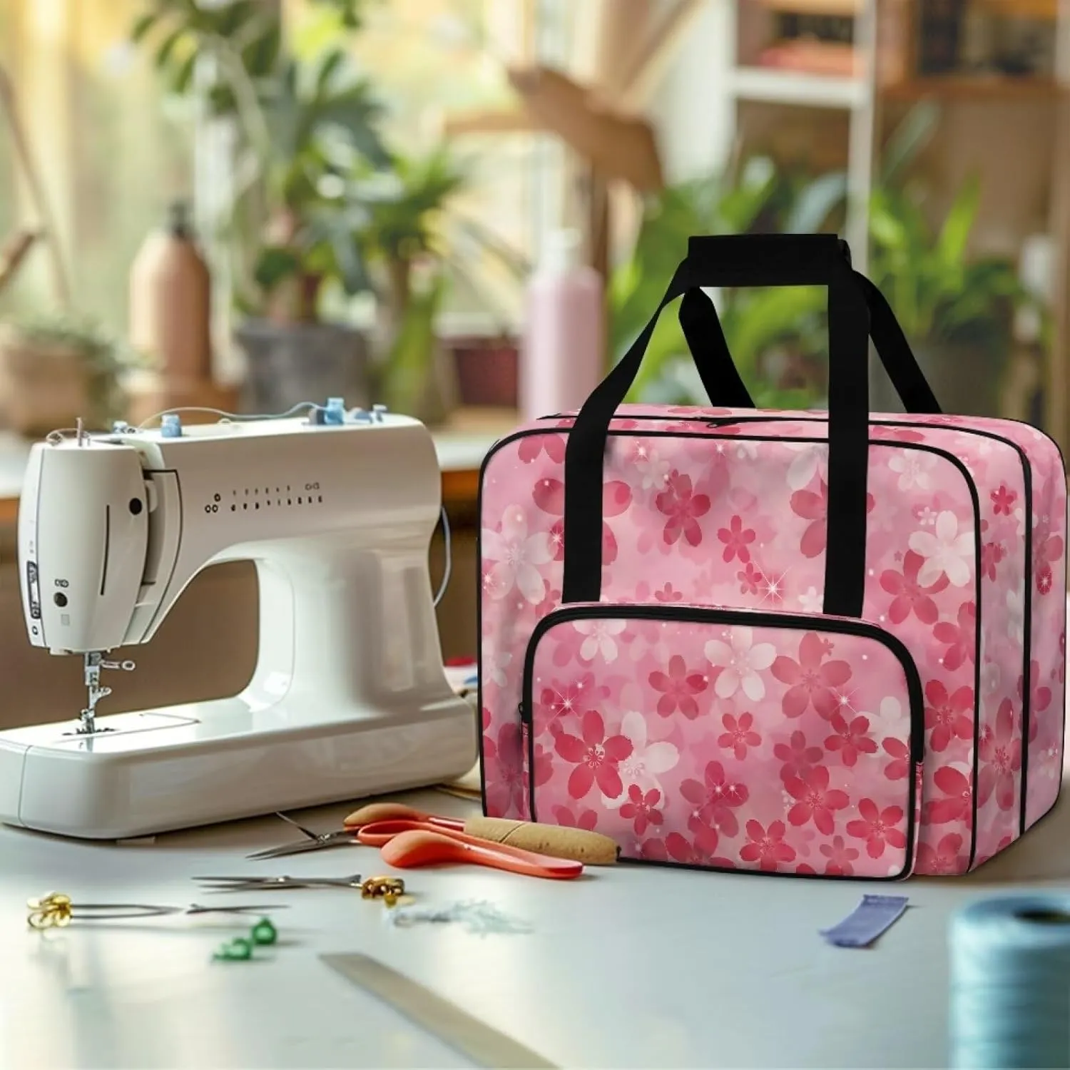 Cherry Blossom Sewing Machine Tote Bag Sewing Machine Carrying Case with Multiple Storage Pockets Handbag Sewing Accessories Tote Carrier for Notions & Crafts