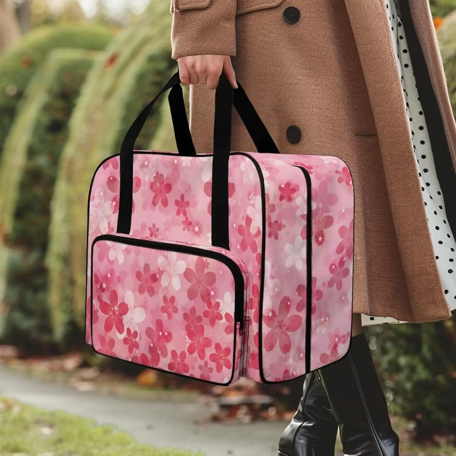Cherry Blossom Sewing Machine Tote Bag Sewing Machine Carrying Case with Multiple Storage Pockets Handbag Sewing Accessories Tote Carrier for Notions & Crafts