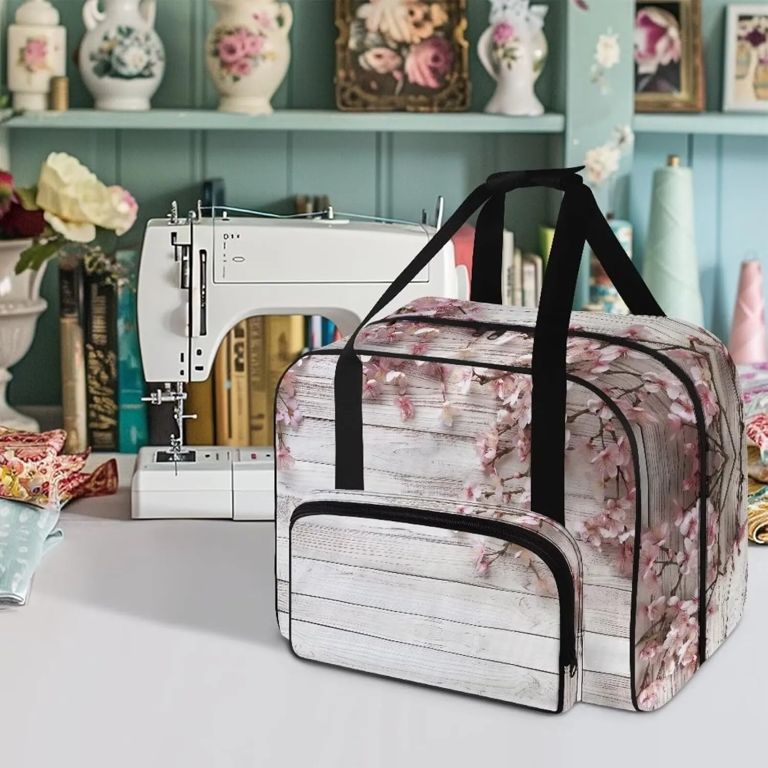 Cherry Blossoms Sewing Machine Case Universal Portable Carrying Case with Handle & Pocket Compatible with Most Standard Machines (19.7 X 13 X 9.8 In)