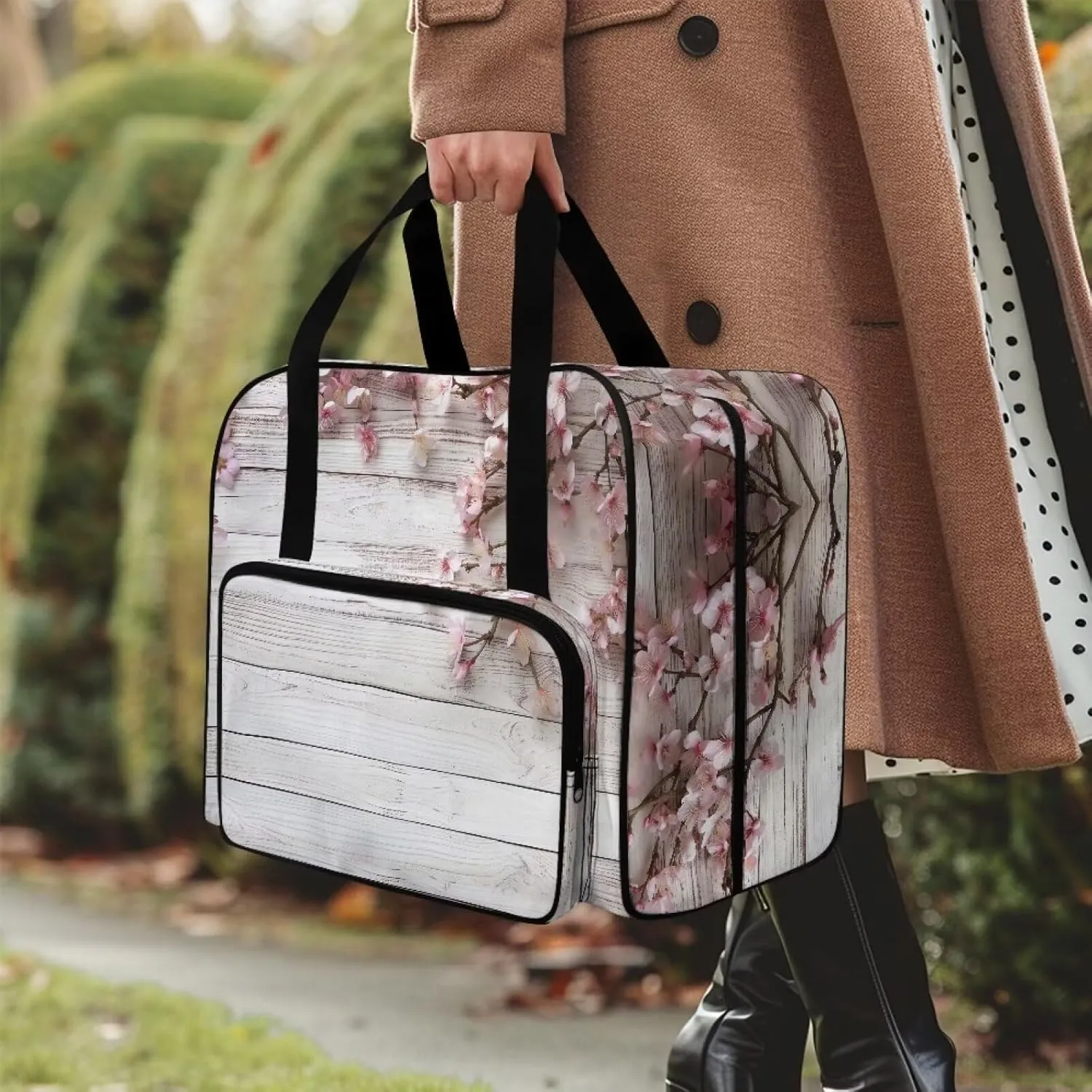 Cherry Blossoms Sewing Machine Case Universal Portable Carrying Case with Handle & Pocket Compatible with Most Standard Machines (19.7 X 13 X 9.8 In)