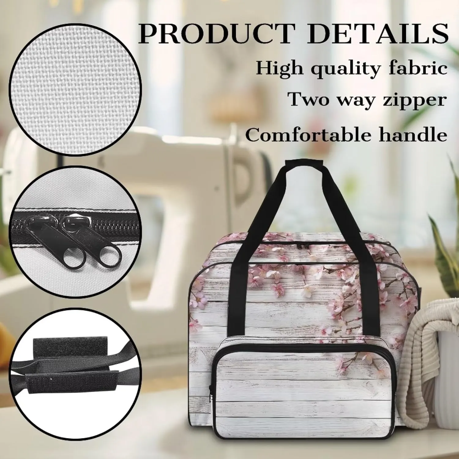 Cherry Blossoms Sewing Machine Case Universal Portable Carrying Case with Handle & Pocket Compatible with Most Standard Machines (19.7 X 13 X 9.8 In)