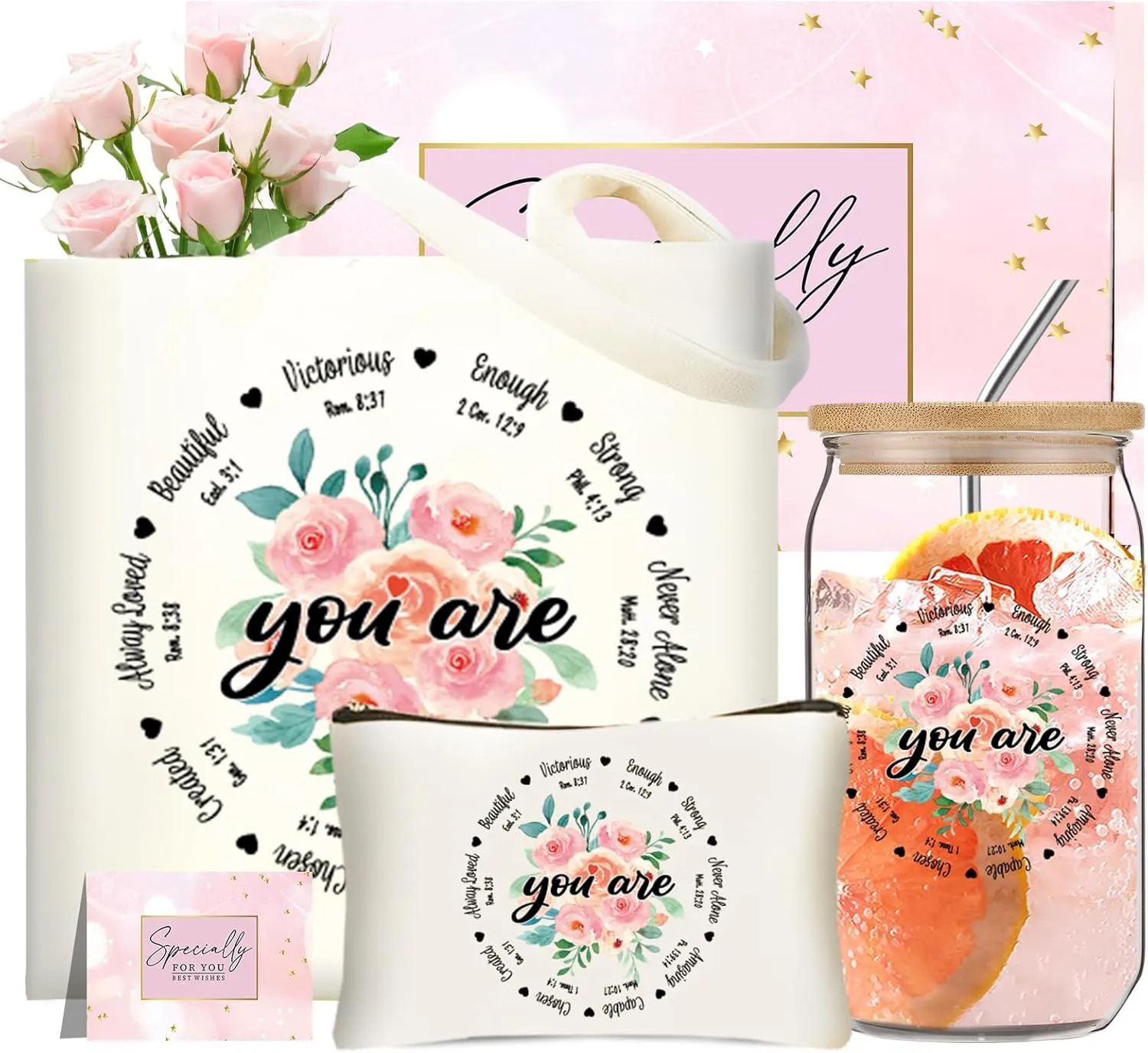 Christian Gifts for Women Faith Canvas Tote Bag Set with 16Oz Glass Cup, Inspirational Thanksgiving Gifts for Mom, Grandma, Daughter, Sister