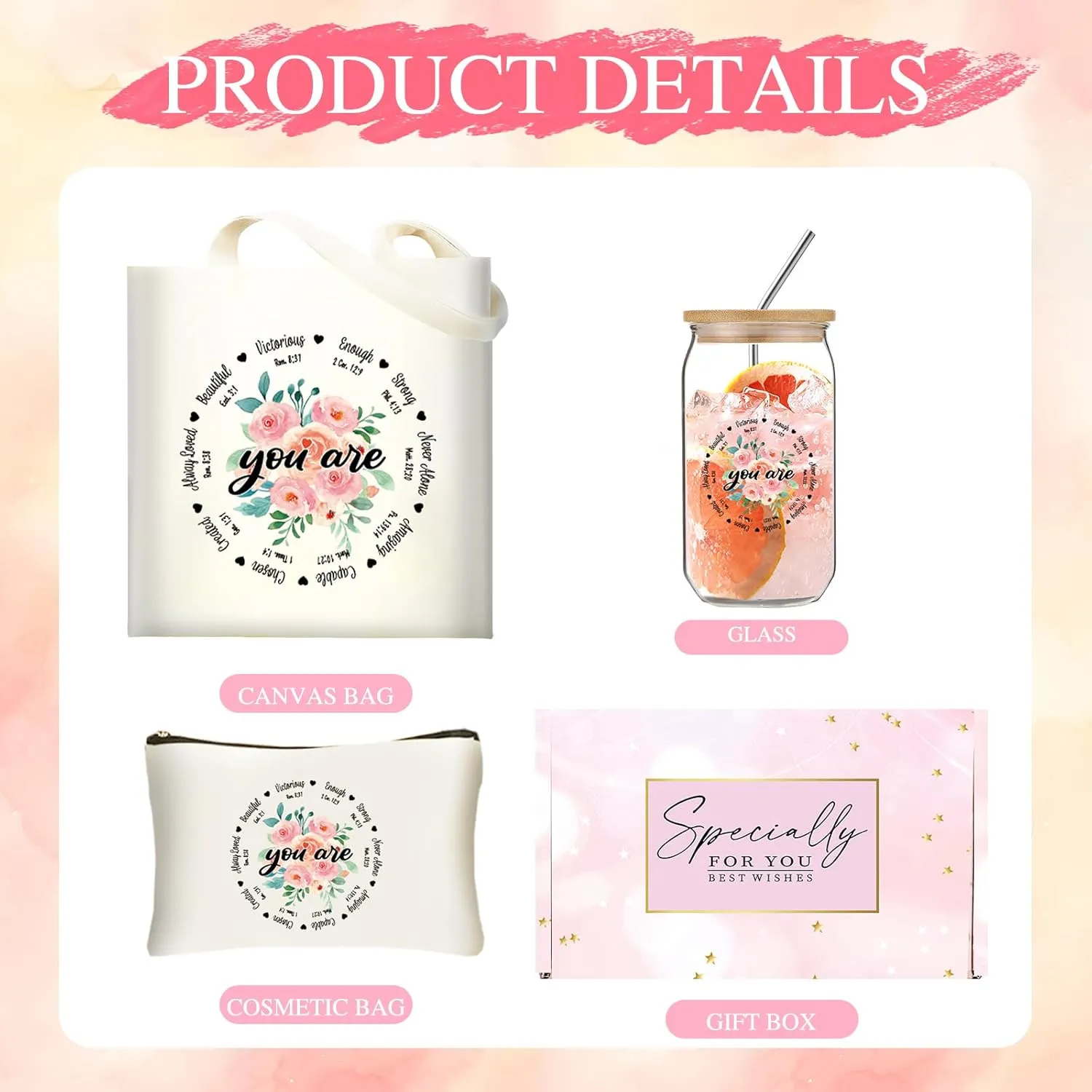 Christian Gifts for Women Faith Canvas Tote Bag Set with 16Oz Glass Cup, Inspirational Thanksgiving Gifts for Mom, Grandma, Daughter, Sister