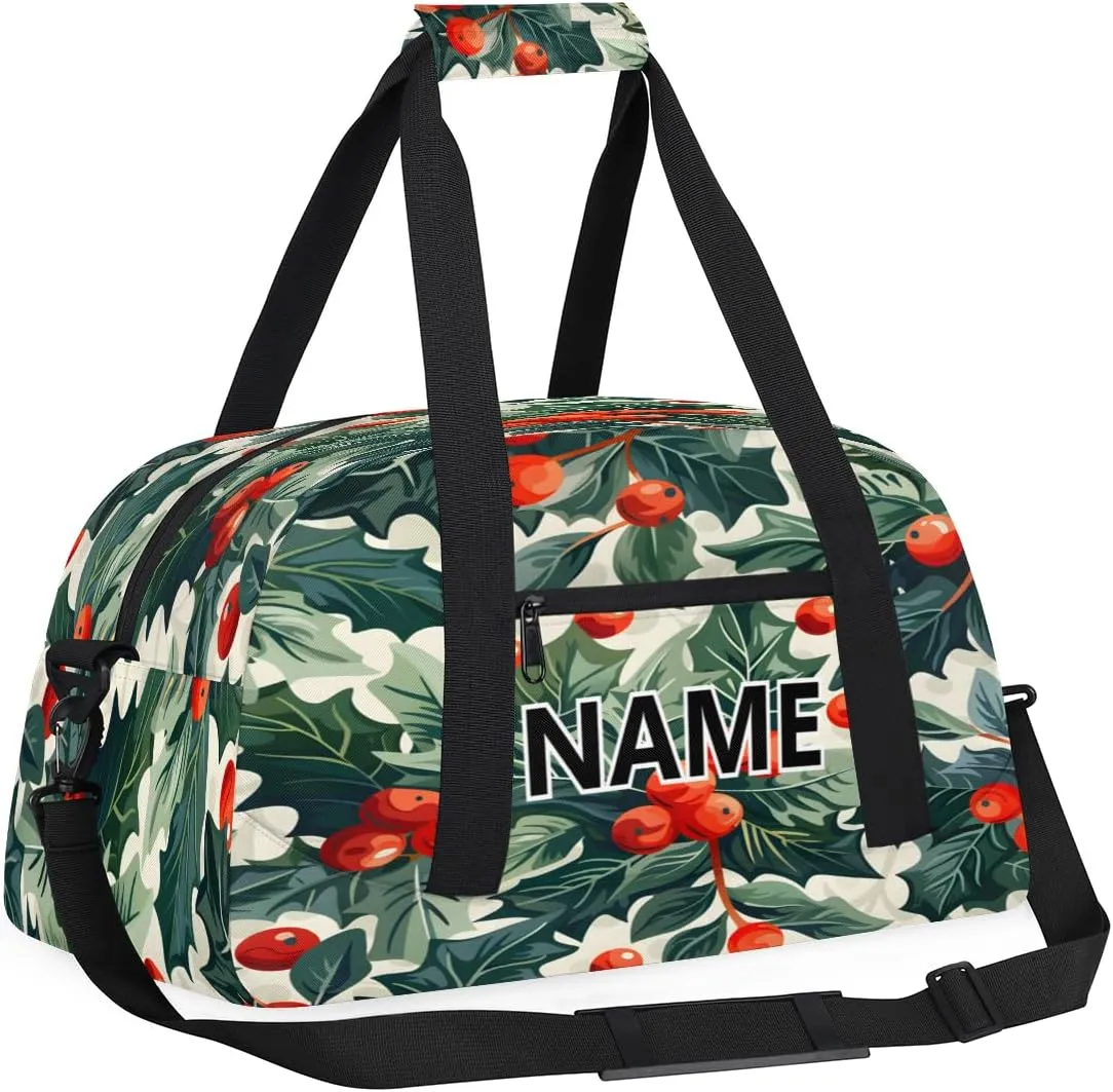Christmas Custom Small Gym Bag 18 inch for Women Men Personalized Green Christmas Holly Eucalyptus Leaf Carry On Overnight Weekender Bag for Travel Work Dance Sport