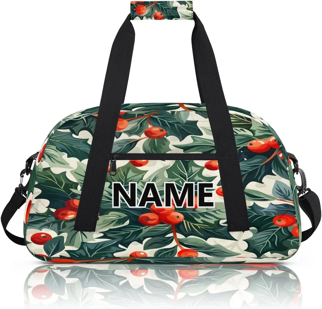 Christmas Custom Small Gym Bag 18 inch for Women Men Personalized Green Christmas Holly Eucalyptus Leaf Carry On Overnight Weekender Bag for Travel Work Dance Sport