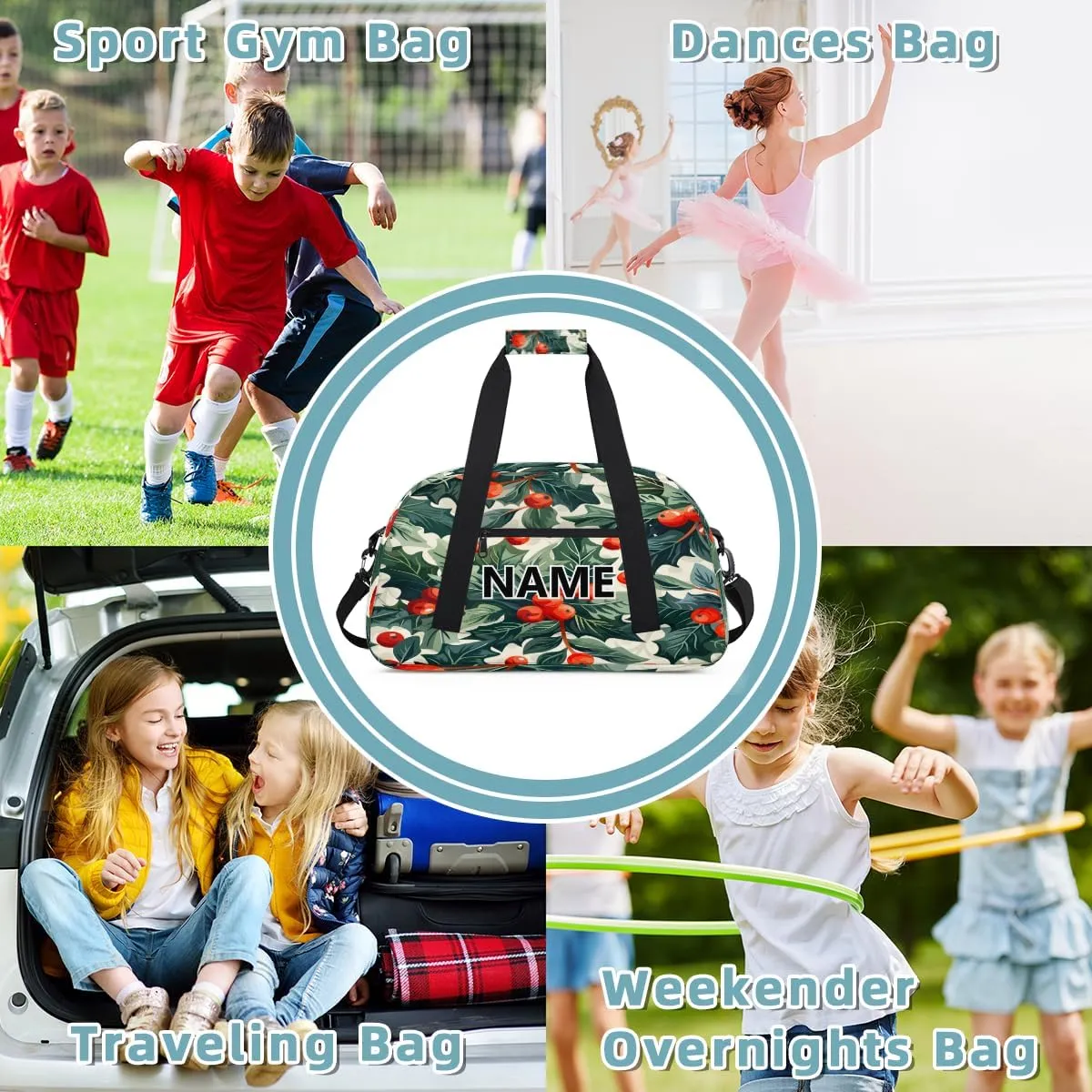 Christmas Custom Small Gym Bag 18 inch for Women Men Personalized Green Christmas Holly Eucalyptus Leaf Carry On Overnight Weekender Bag for Travel Work Dance Sport