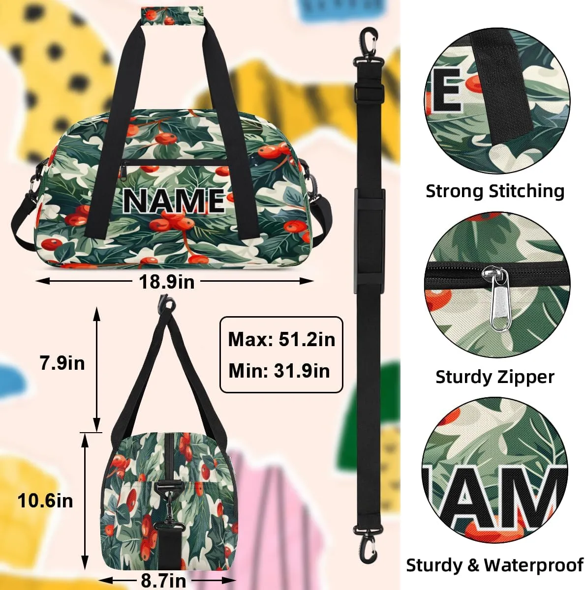 Christmas Custom Small Gym Bag 18 inch for Women Men Personalized Green Christmas Holly Eucalyptus Leaf Carry On Overnight Weekender Bag for Travel Work Dance Sport
