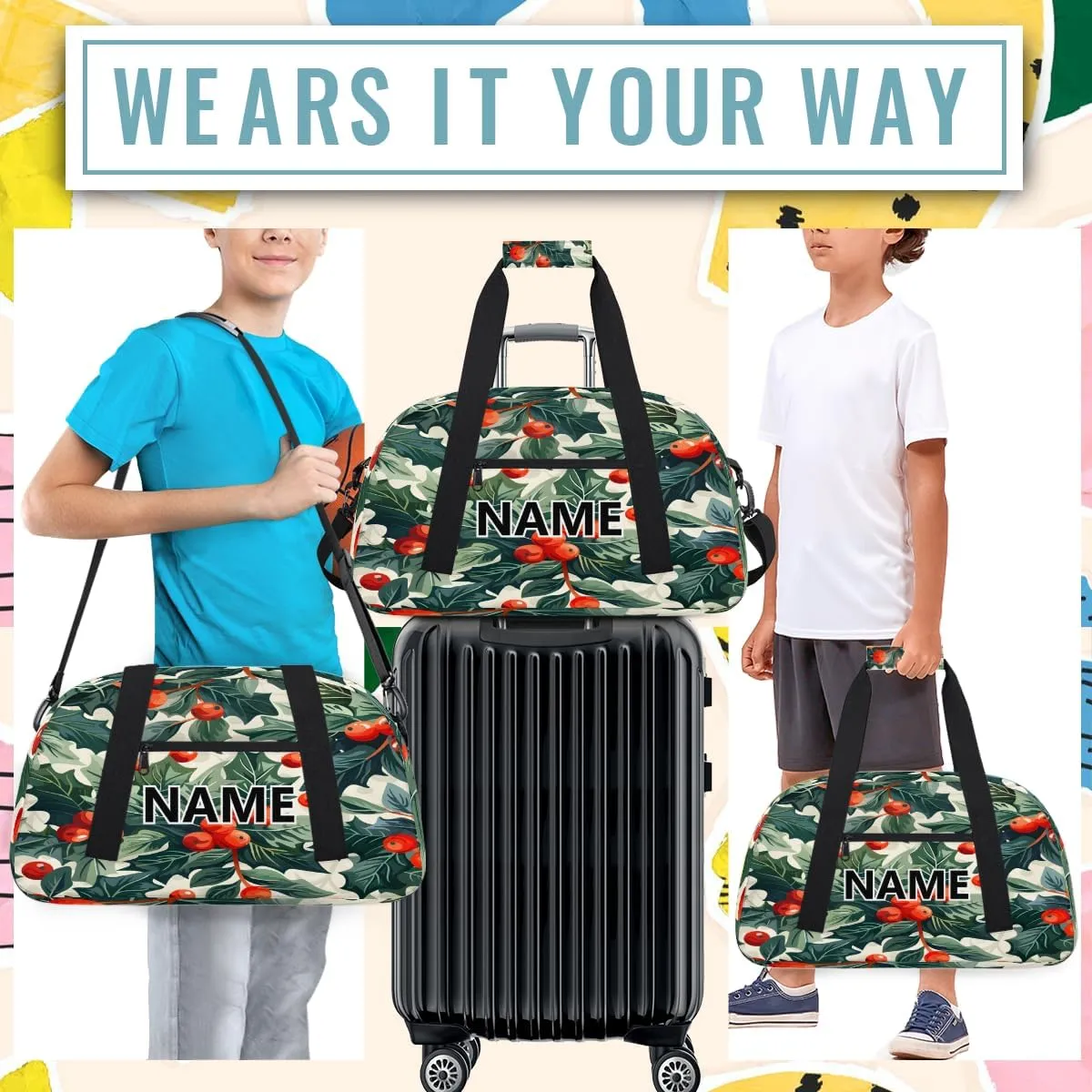 Christmas Custom Small Gym Bag 18 inch for Women Men Personalized Green Christmas Holly Eucalyptus Leaf Carry On Overnight Weekender Bag for Travel Work Dance Sport