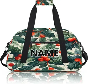 Christmas Custom Small Gym Bag 18 inch for Women Men Personalized Green Christmas Holly Eucalyptus Leaf Carry On Overnight Weekender Bag for Travel Work Dance Sport