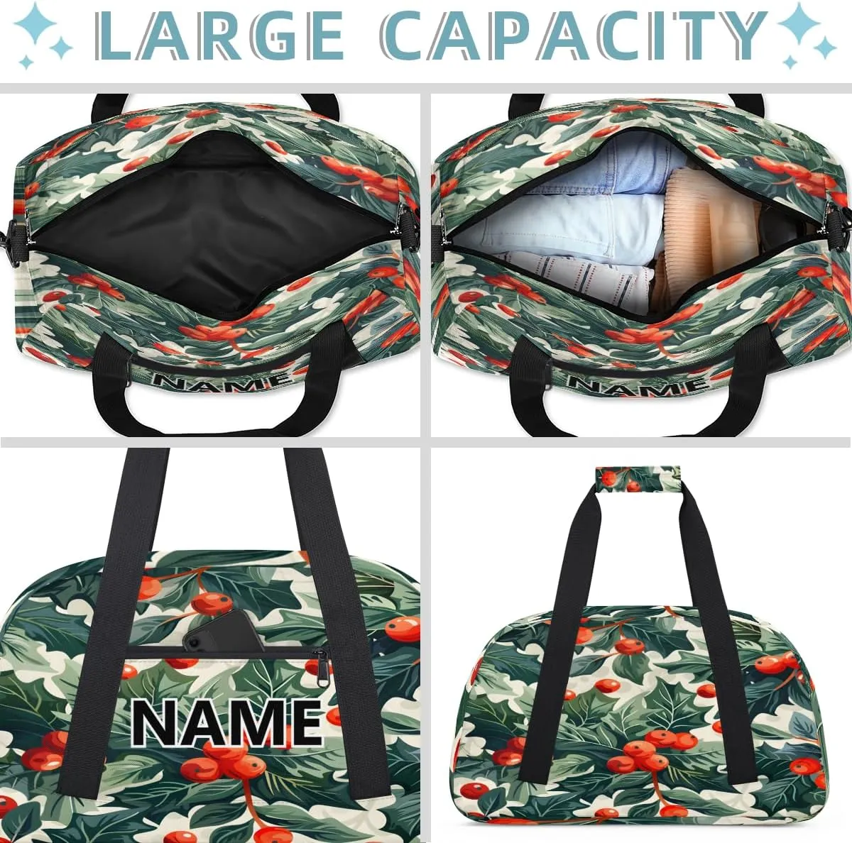Christmas Custom Small Gym Bag 18 inch for Women Men Personalized Green Christmas Holly Eucalyptus Leaf Carry On Overnight Weekender Bag for Travel Work Dance Sport