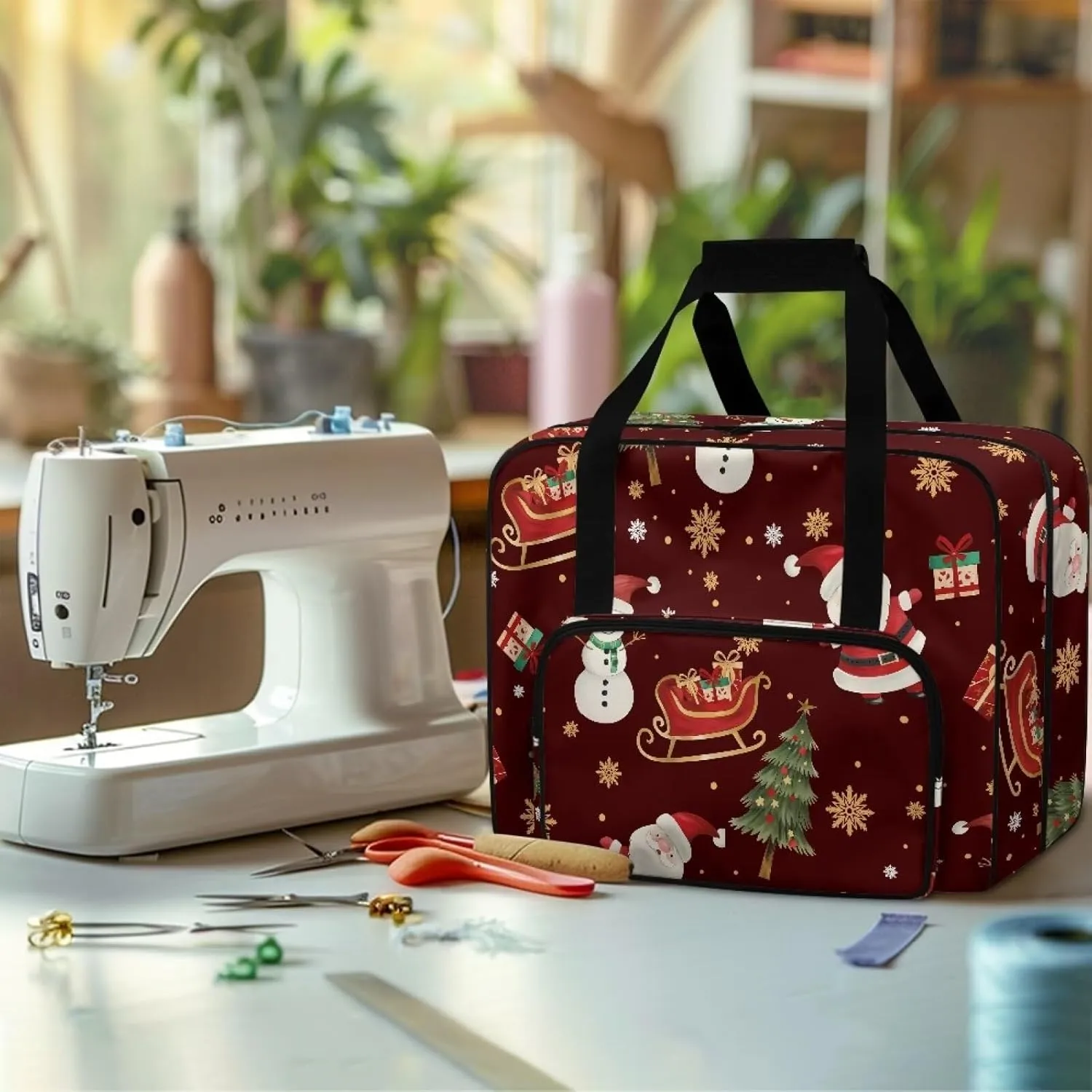 Christmas Pattern Sewing Machine Bag Universal Tote Bag for Sewing Machine Protector Travel Bag Organizer Compatible with Most Singer, Brother Sewing Machines and Extra Sewing Accessories