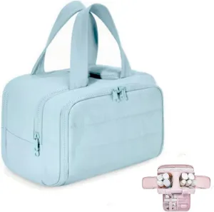 Circulatne Travel Cosmetic Bag, Circulatne Large Capacity Wide-Open Travel Cosmetic Bag, Waterproof Portable Pouch Open Flat Toiletry Bags for Women With Divider And Handle (Blue)