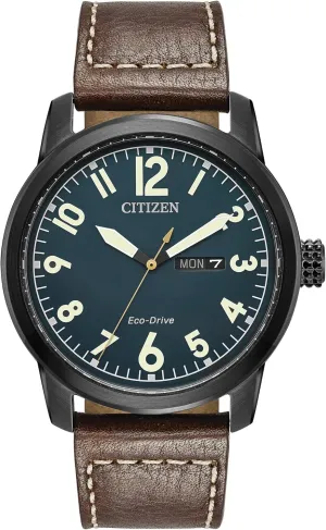 Citizen Men's Eco-Drive Weekender Garrison Field Watch in Black IP Stainless Steel with Brown Leather strap, Navy Dial (Model: BM8478-01L)