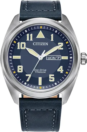 Citizen Men's Eco-Drive Weekender Garrison, Silver-Tone Super Titanium Watch, Blue Leather Strap, 3 Hand, Day/Date (Model: BM8568-01L)