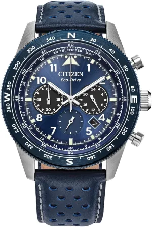 Citizen Men's Eco-Drive Weekender Sport Casual, Silver-Tone Stainless Steel Watch, Blue Leather Strap, Chronograph (Model: CA4557-01L)