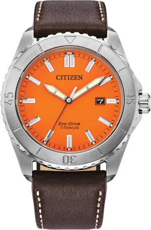 Citizen Men's Eco-Drive Weekender Sport Casual, Silver-Tone Stainless Steel Watch, Brown Leather Strap, Orange Dial (Model: AW1840-09X)