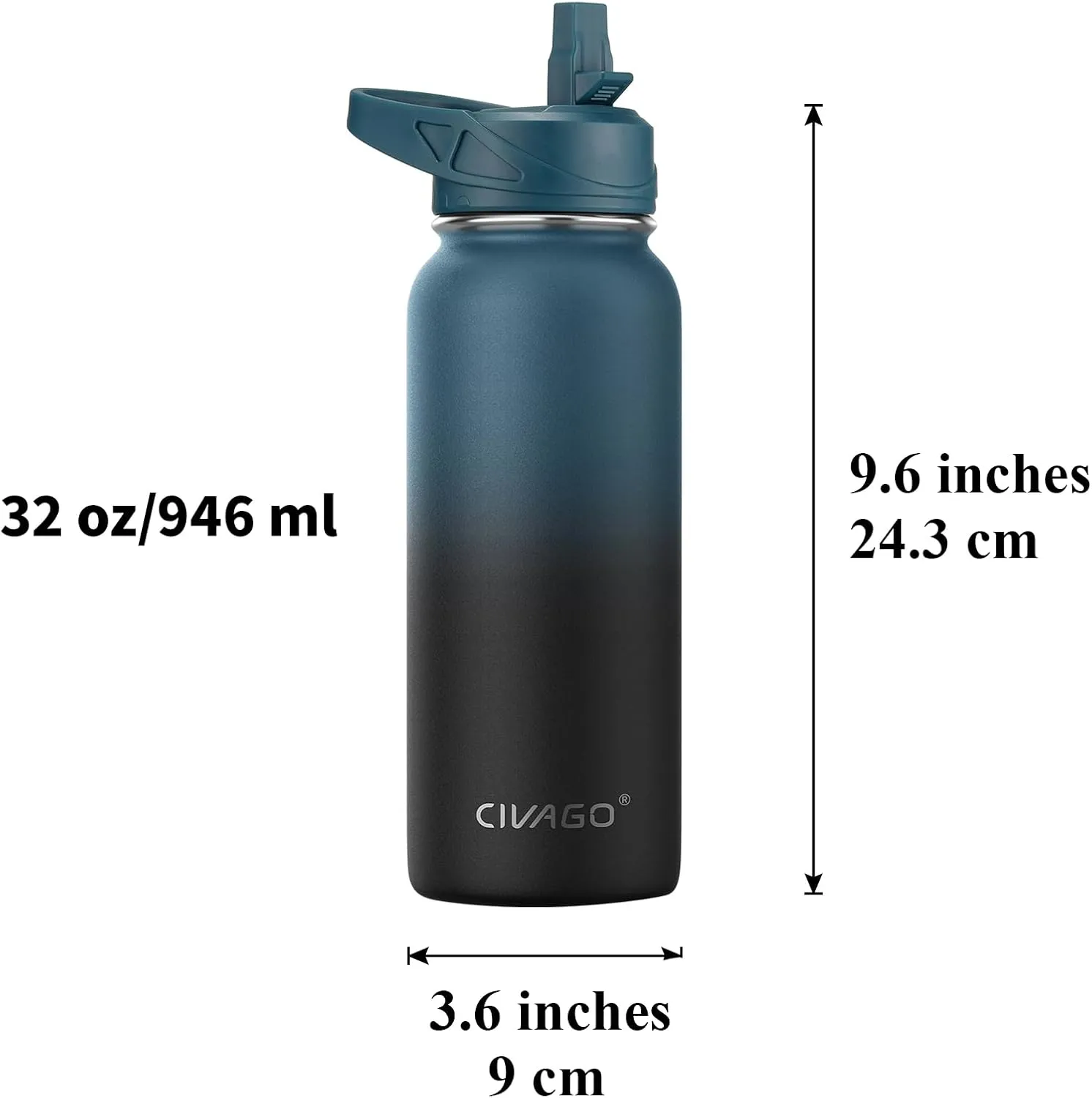 CIVAGO 32 oz Insulated Water Bottle With Straw, Stainless Steel Sports Water Cup Flask with 3 Lids (Straw, Spout and Handle Lid), Wide Mouth Travel Thermal Mug, Indigo Black