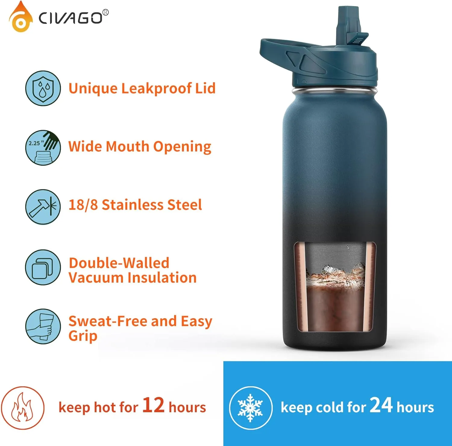 CIVAGO 32 oz Insulated Water Bottle With Straw, Stainless Steel Sports Water Cup Flask with 3 Lids (Straw, Spout and Handle Lid), Wide Mouth Travel Thermal Mug, Indigo Black