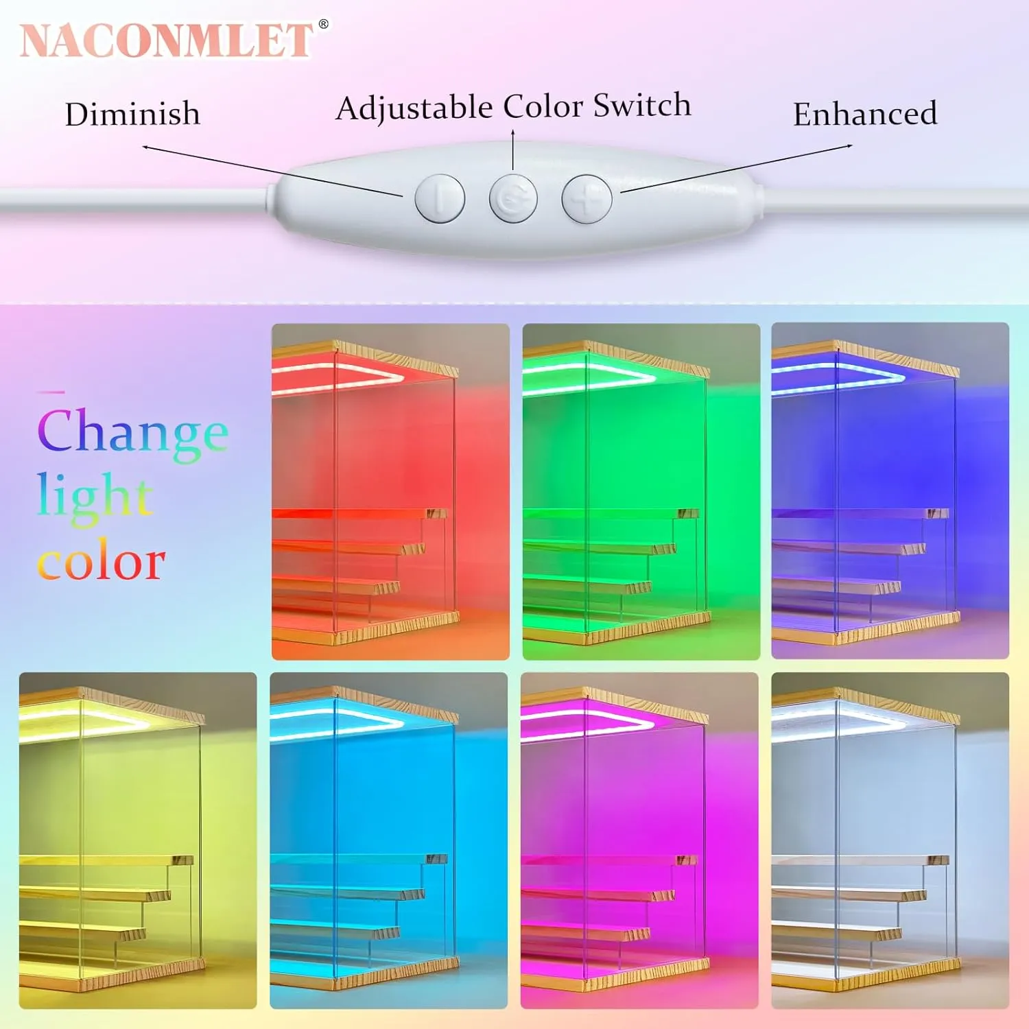 Clear Acrylic Display Case for Action Figure- Funko Pop Dustproof Showcase with Colorful Lighting, Multiple Layers for Collectibles(4 Tier-W*D*H-12.6"x9.4"x11.7"inches)