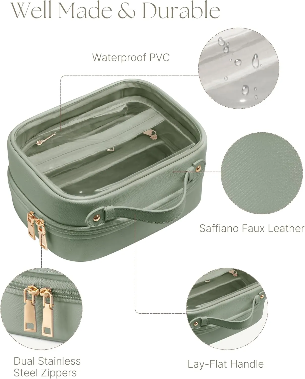 Clear Cosmetic Bag Double Layer 4 Compartments Travel Toiletry Bag Clear Makeup Bag Case with Zipper Transparent Travel Bag for Toiletries, TSA Approved, Gift for Women Girls (Sage Green)