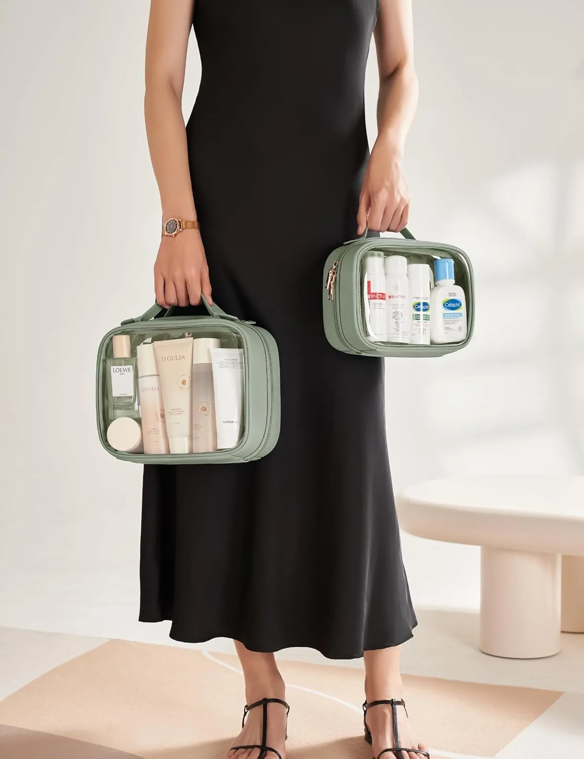 Clear Cosmetic Bag Double Layer 4 Compartments Travel Toiletry Bag Clear Makeup Bag Case with Zipper Transparent Travel Bag for Toiletries, TSA Approved, Gift for Women Girls (Sage Green)