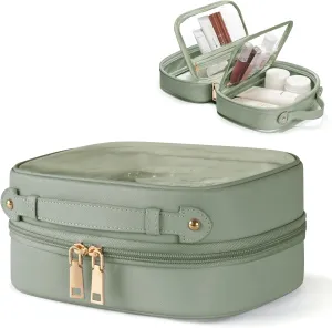 Clear Cosmetic Bag Double Layer 4 Compartments Travel Toiletry Bag Clear Makeup Bag Case with Zipper Transparent Travel Bag for Toiletries, TSA Approved, Gift for Women Girls (Sage Green)