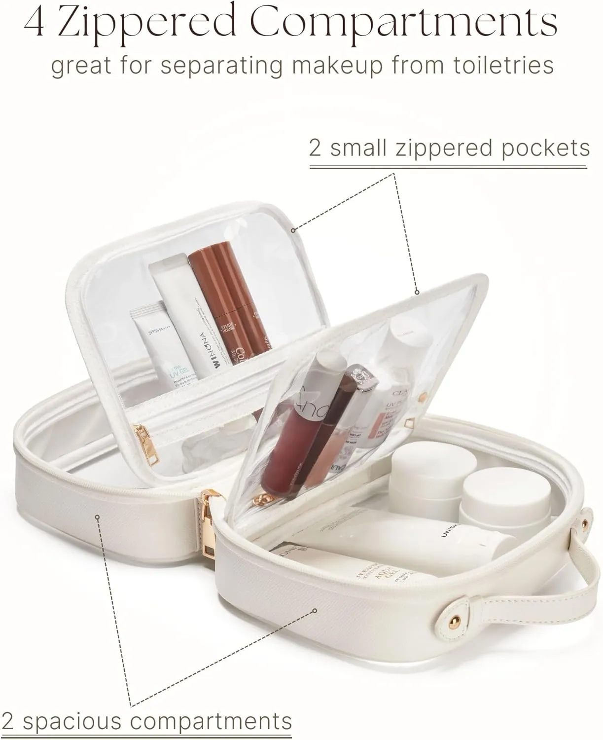 Clear Cosmetic Bag Double Layer Travel Toiletry Bag White Makeup Bag Case with 4 Compartments, Transparent Travel Bag for Toiletries, TSA Approved Toiletry Case for Women (White)