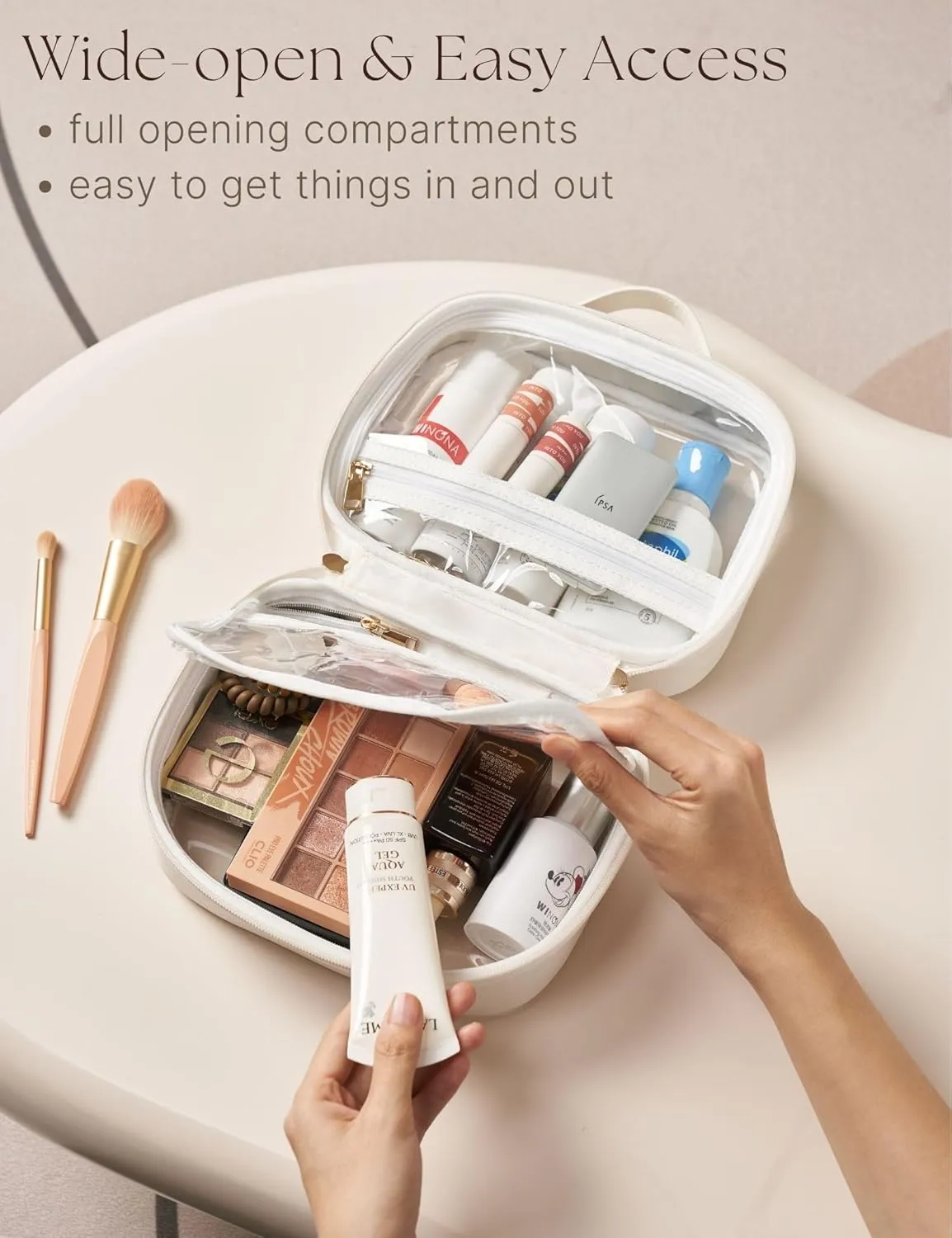 Clear Cosmetic Bag Double Layer Travel Toiletry Bag White Makeup Bag Case with 4 Compartments, Transparent Travel Bag for Toiletries, TSA Approved Toiletry Case for Women (White)