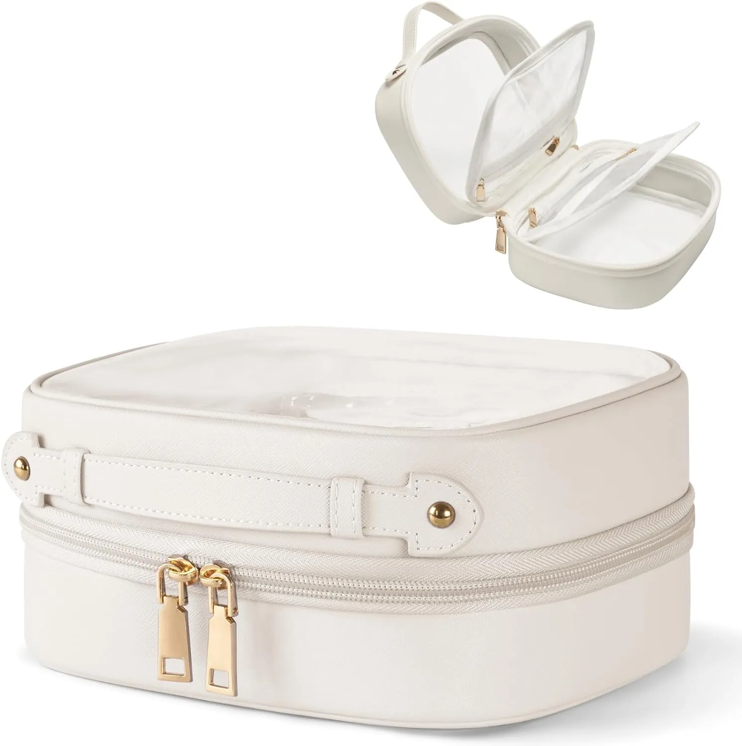 Clear Cosmetic Bag Double Layer Travel Toiletry Bag White Makeup Bag Case with 4 Compartments, Transparent Travel Bag for Toiletries, TSA Approved Toiletry Case for Women (White)