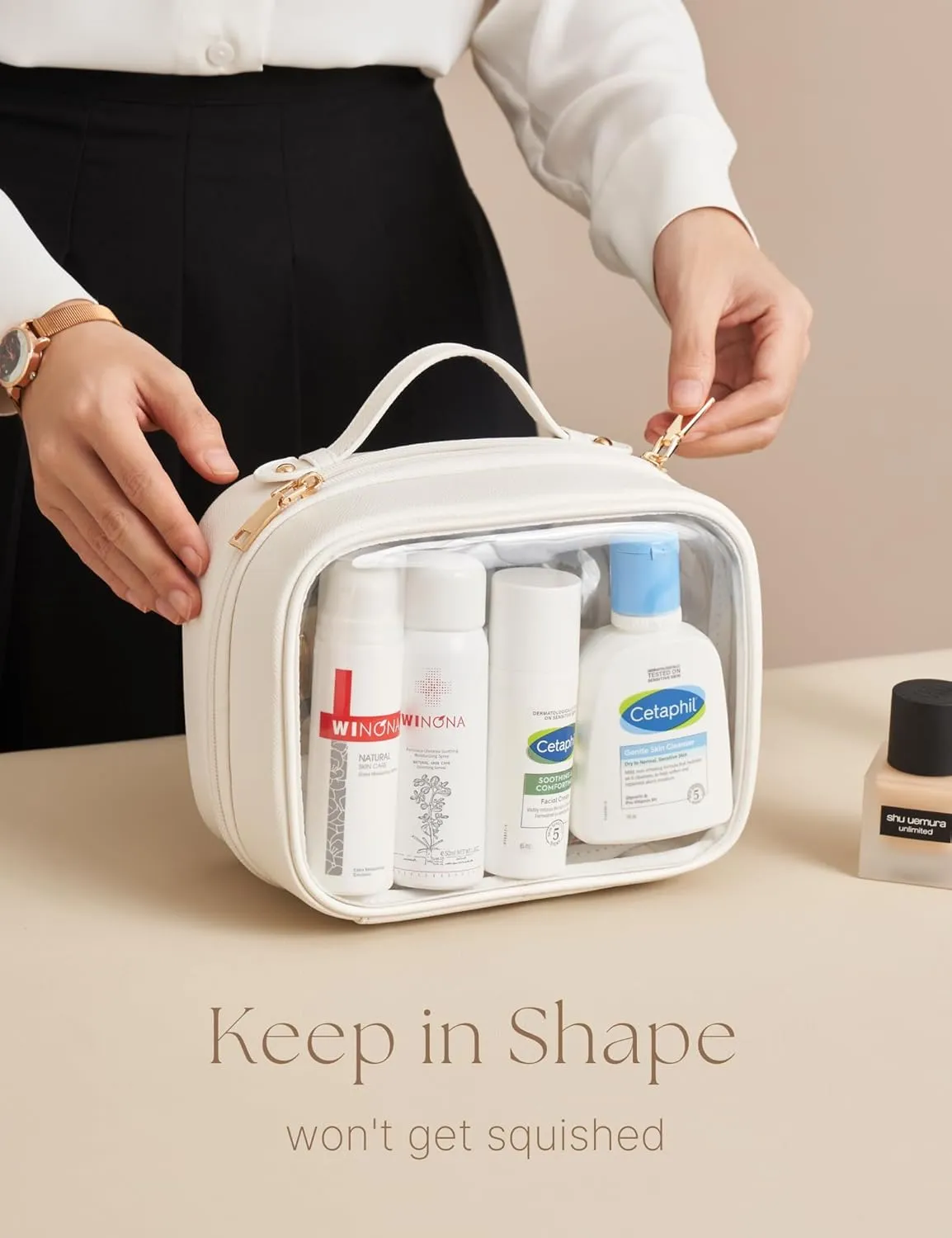 Clear Cosmetic Bag Double Layer Travel Toiletry Bag White Makeup Bag Case with 4 Compartments, Transparent Travel Bag for Toiletries, TSA Approved Toiletry Case for Women (White)
