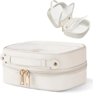 Clear Cosmetic Bag Double Layer Travel Toiletry Bag White Makeup Bag Case with 4 Compartments, Transparent Travel Bag for Toiletries, TSA Approved Toiletry Case for Women (White)