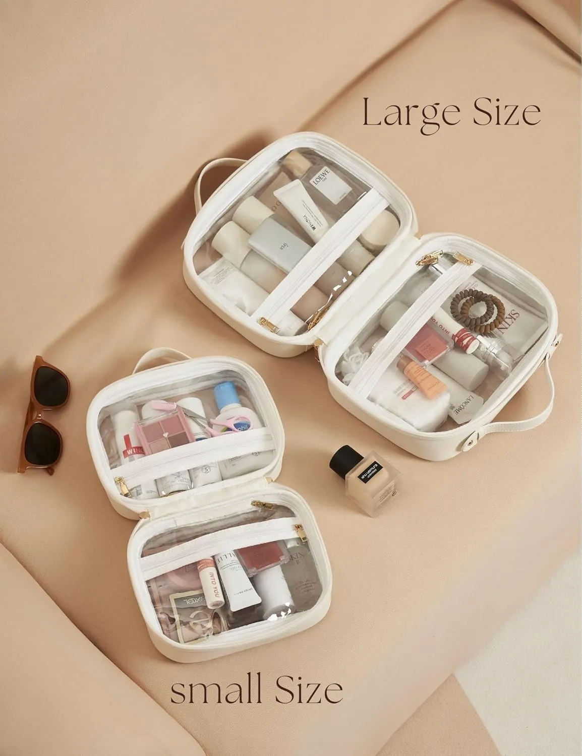 Clear Cosmetic Bag Double Layer Travel Toiletry Bag White Makeup Bag Case with 4 Compartments, Transparent Travel Bag for Toiletries, TSA Approved Toiletry Case for Women (White)